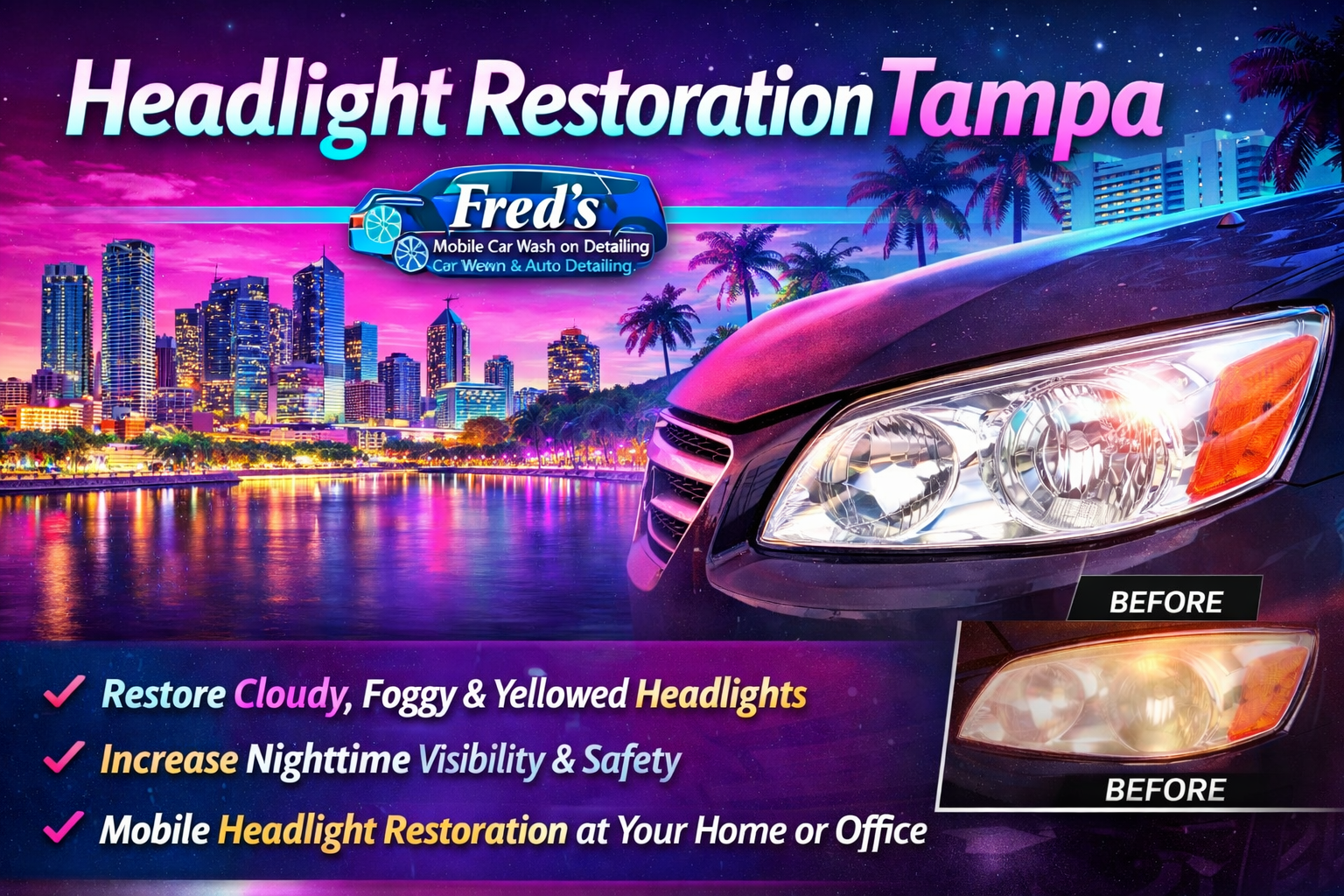 alt="Headlight Restoration Tampa – Mobile Headlight Restoration Tampa FL with Before and After Foggy Headlight Repair and Car Headlight Polishing"