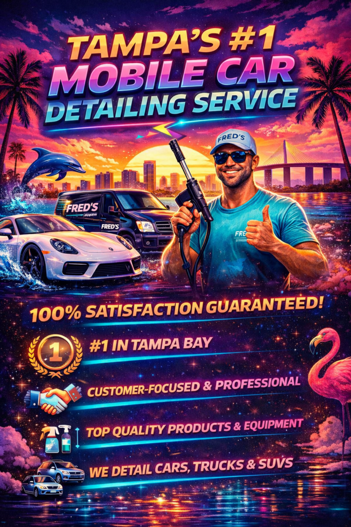 alt="Tampa’s #1 mobile car detailing service by Fred’s Mobile Car Wash & Auto Detailing providing same day mobile car wash, interior detailing, paint correction, ceramic coating and luxury car detailing across Tampa Florida"